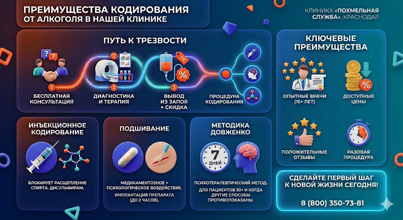 Инфографика о методах кодирования от алкоголя в Будённовске: инъекции, подшивание, метод Довженко. Преимущества клиники и этапы лечения.