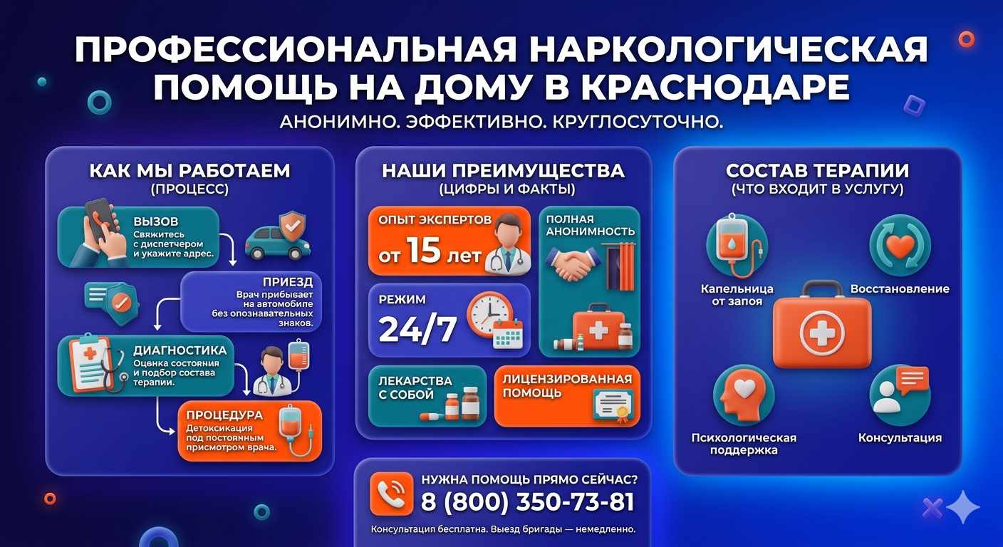 Инфографика о принципах лечения алкоголизма на дому в Будённовске: этапы вызова нарколога, преимущества анонимной детоксикации и состав медицинской помощи.